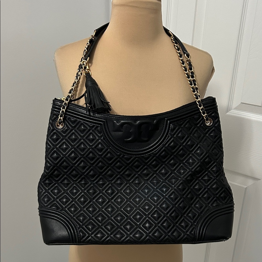 Tory Burch Fleming Black Leather Quilted Tote Bag